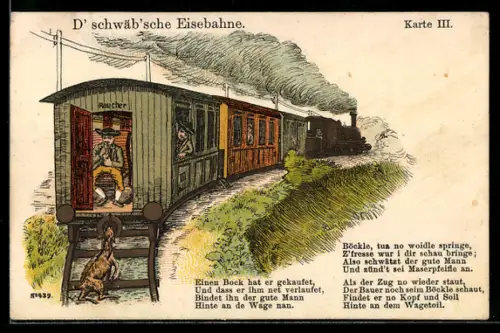 AK schwäb`sche Eisenbahn mit Passagieren in schwäbischer Tracht
