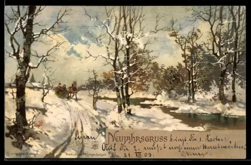 Künstler-AK Theodor Guggenberger: Allegorie Sonntag, Pferdeschlitten fährt am Ufer eines verschneiten Flusses entlang