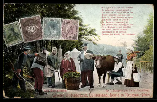 AK verkauf von Waren auf Neutral-Gebiet Niederlande, Deutschland, Belgien, Briefmarken