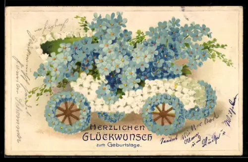 AK Auto aus Maiglöckchen und Vergissmeinnicht, Geburtstagsgruss