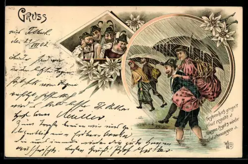 AK Bürgersleute bei Regen mit Schirmen, in Trachten im Trockenen, Gestern hat`s gregn`t, Heut regn`ts...