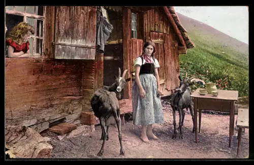 AK Mädchen mit zwei Ziegen vor einer Berghütte