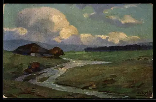 Künstler-AK Fritz Reiss: Sommer im Schwarzwald, Haus an einem Fluss