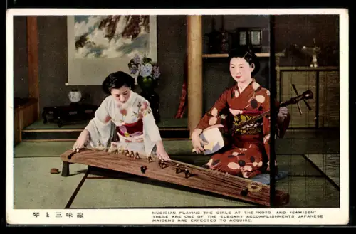 AK Japanese Maidens are playing Japanese instruments, the Koto and the Samisen, Geishas