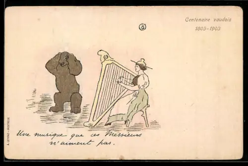 AK Frau spielt die Harfe und Bär hält sich die Ohren zu