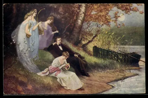 AK Komponist R. Schumann ruht an einem Gewässer mit musizierenden Frauen