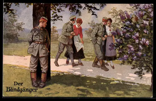 Künstler-AK Soldatenhumor, Der Blindgänger, Soldat beobachtet Kameraden mit ihren Mädchen