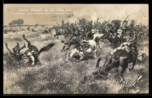 Künstler-AK Vernichtung einer russischen Kavallerie-Brigade bei Soldau