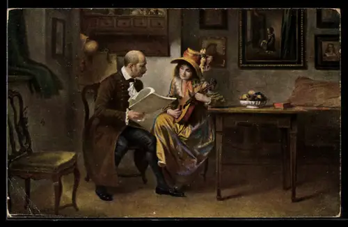 AK Mann hält Noten für Frau, die Gitarre spielt