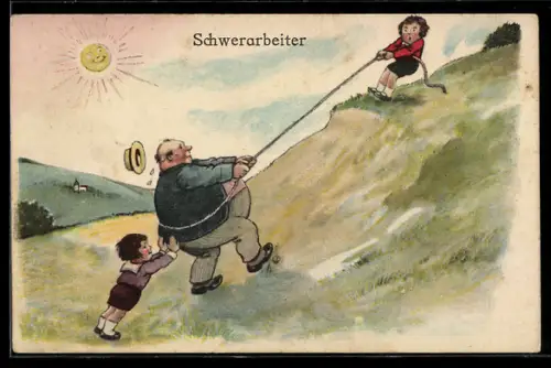 AK Schwerarbeiter, Dicker Tourist an Berghang, Scherz