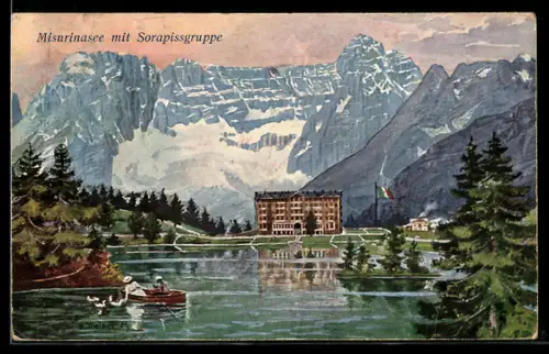 Künstler-AK Hans Treiber: Misurinasee, Hotel am See mit Sorapisgruppe