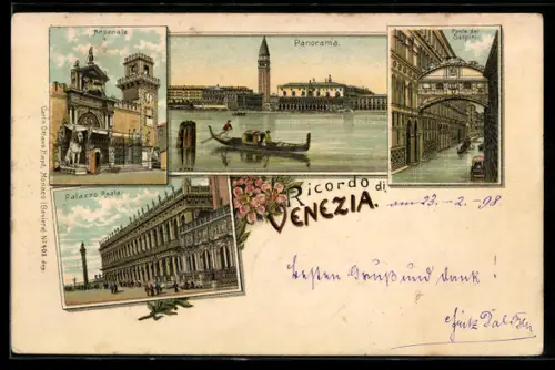 Lithographie Venezia, Asrenale, Panorama, Ponte dei Sospiri, Palazzo Reale