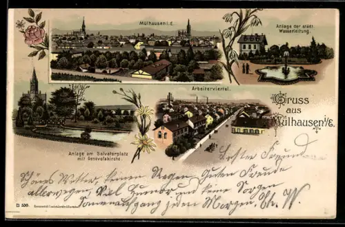 Lithographie Mülhausen i. E., Arbeitervietel, Anlage am Salvatorplatz, Anlage der städt. Wasserleitung