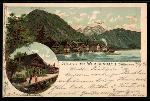 Lithographie Weissenbach a. Attersee, Hôtel Post mit Breitenberg und Schafberg, Wolterhaus