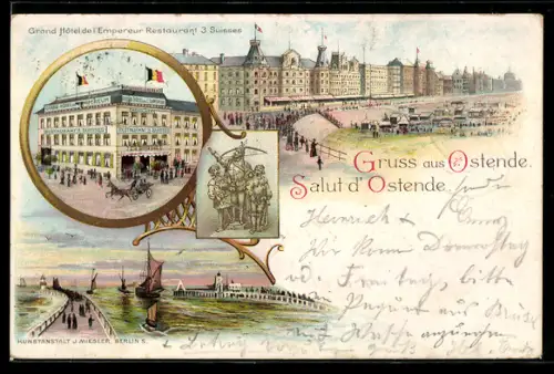 Lithographie Ostende, Grand Hotel de l'Empereur Restaurant 3 Suisses, Panorama