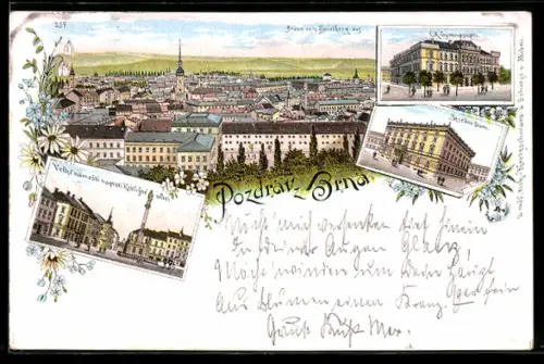 Lithographie Brünn / Brno, Grosser Platz, Stadttheater, Deutsches Haus