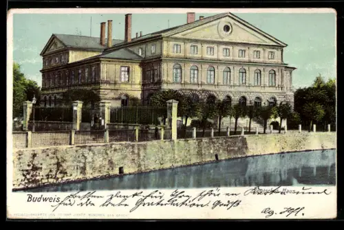 AK Budweis / Ceske Budejovice, Deutsches Haus am Kanal