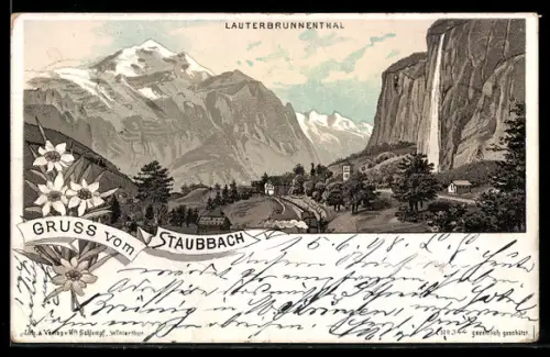 Lithographie Lauterbrunnen, Panorama mit Ort und Staubbach