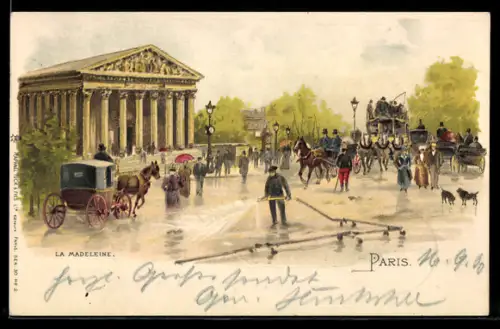 Künstler-AK Paris, Église de la Madeleine, Kutschen und Strassenreiniger