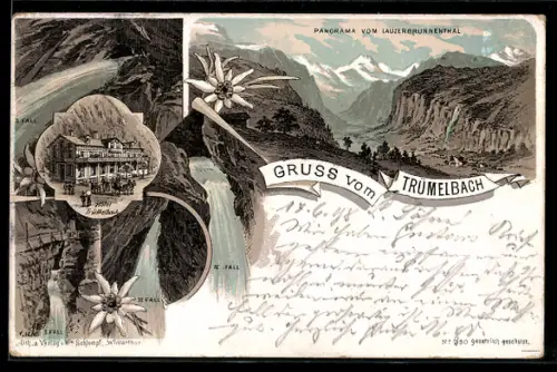 Lithographie Lauterbrunnen, Trümmelbach, Panorama vom Lauterbrunnenthal