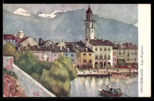 AK Ascona, Blick zum Ort, Ruderboot