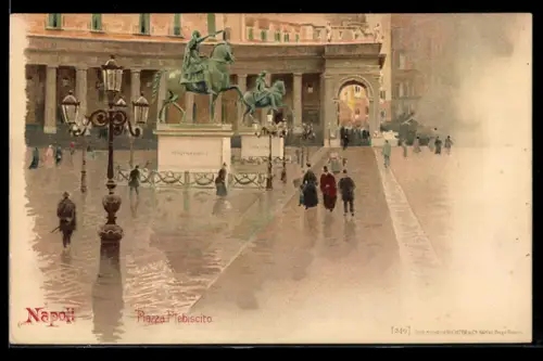 Lithographie Napoli, Piazza Plebiscito e Statua