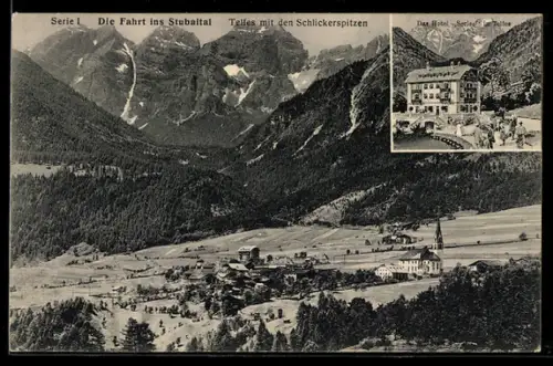 AK Telfes /Stubaital, Ort mit den Schlickerspitzen, Hotel Serles