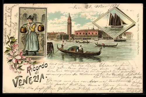 Lithographie Venezia, Boot vor dem Ort, Frau in Tracht