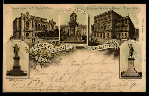 Lithographie Budapest, Fövarosi vigado-städtische Redoute, Deak Monument & Akademie der Wissenschaften