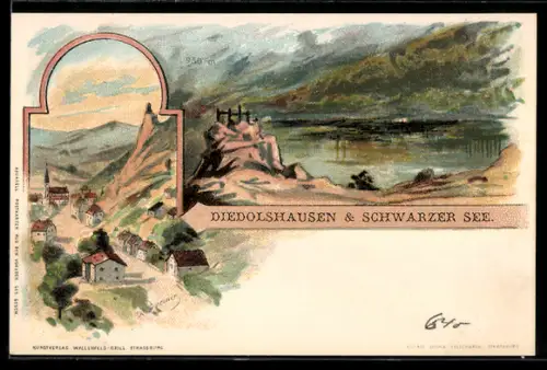 Lithographie Diedolshausen, Panorama mit Schwarzer See