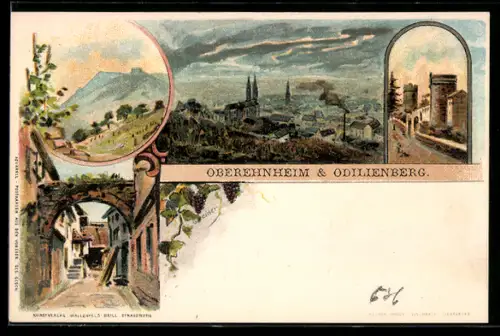 Künstler-AK Oberehnheim, Torbogen, Burg, Ortsansicht & Odilienberg