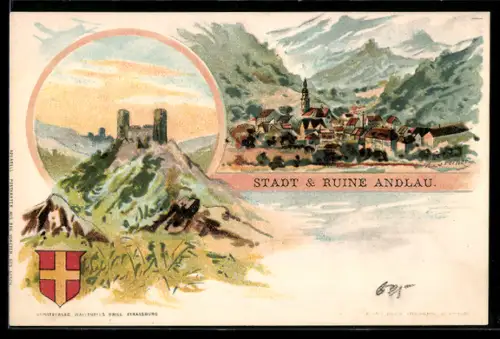 Lithographie Andlau, Panorama mit Stadt und Ruine, Wappen