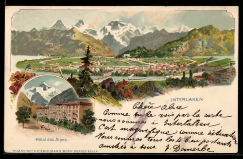Lithographie Interlaken, Panorama und Hotel des Alpes