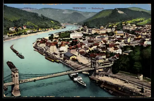 AK Tetschen / Decin, Ortsansicht mit Brücke und Dampfer