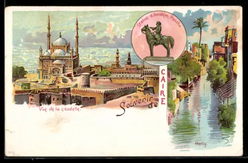 Lithographie Caire, Vue de la citadelle, Halig, Statue d`Ibrahim Pascha