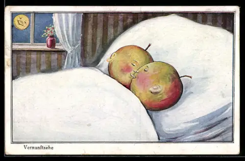 AK Liebesheirat, Sich küssende Äpfel im Ehebett