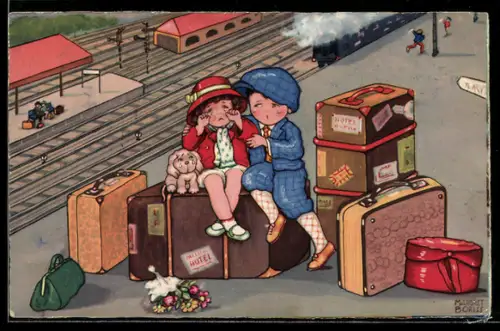 Künstler-AK Margret Boriss: Junge und Mädchen sitzen auf Koffern am Bahngleich und weinen, Trost im Leid