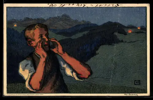 Künstler-AK Schweizer Bundesfeier 1926, Junge ruft ins Tal