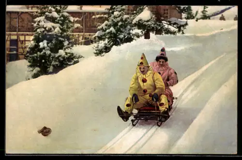 AK Schlitten mit zwei Harlekins auf der Rodelbahn