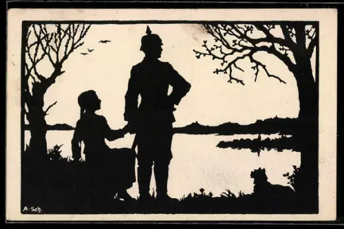 AK Soldat mit Pickelhaube hält die Hand einer Frau am See, Scherenschnitt