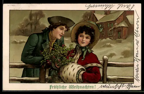 Künstler-AK sign. Alice Marsineau: Flirt am winterlichen Gartenzaun, Frau mit Muff