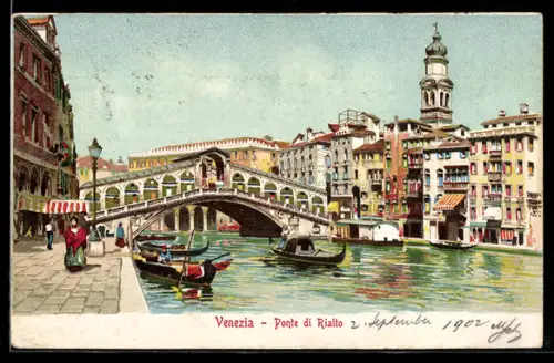 AK Venezia, Ponte di Rialto, Rialtobrücke mit Gondeln