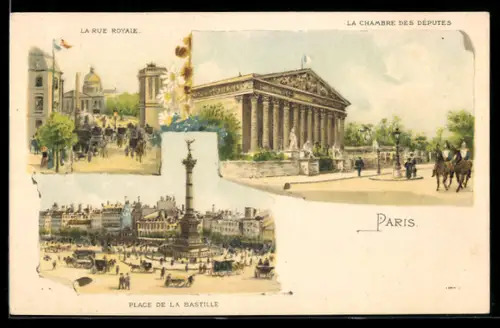 Lithographie Paris VII, La Rue Royale, La Chambre des Désputés, Place de la Bastille