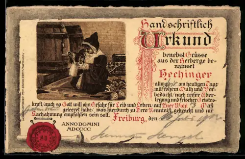 Lithographie Freiburg, Gasthaus Hechinger, Urkunde