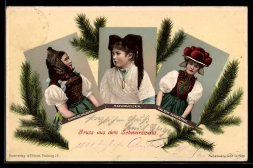 AK Gutacherin, Markgräflerin und Schwarzwälderin in Tracht