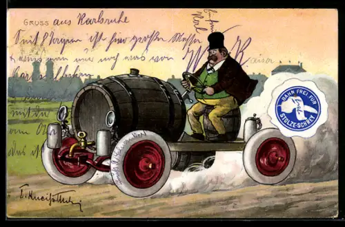 AK München, Mann im Auto mit Bierfass und Bierseideln vor den Toren der Stadt