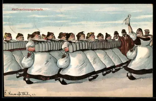 Künstler-AK Kellnerinnenparade, Frauen marschieren mit Bierkrügen