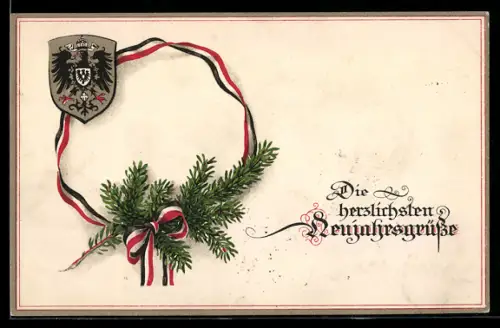 AK Die besten Weihnachtsgrüsse, Tannenzweig mit Band & Wappen