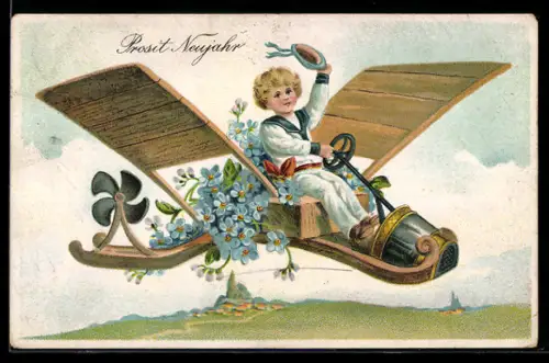 AK Neujahr, Blonder Matrose steuert ein Flugzeug mit Blumen