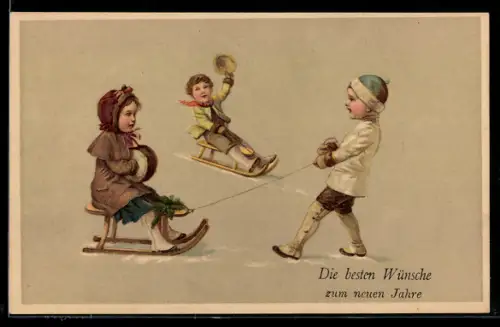 AK Neujahrsgruss, Kinder mit Schlitten